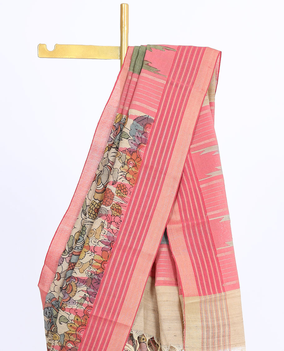 Multi-color ancient human motifs handpainted pen kalamkari silksaree,contrast vidarbha border & traditional design pallu