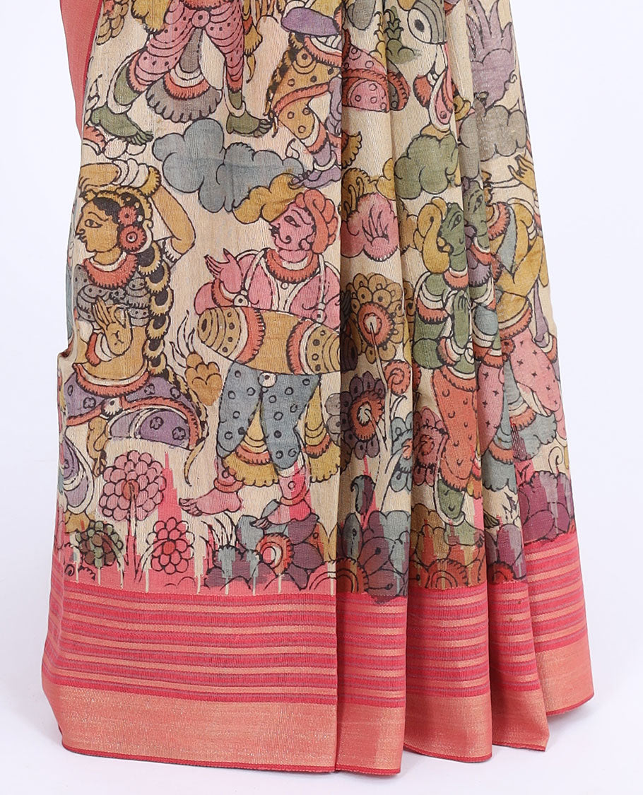 Multi-color ancient human motifs handpainted pen kalamkari silksaree,contrast vidarbha border & traditional design pallu
