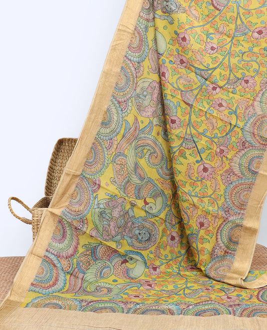 Yellow floral vine,peacock & ancient human motif hand-painted pen kalamkari silksaree,contrast traditional design border