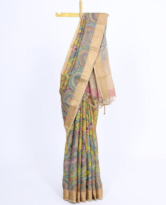 Yellow floral vine,peacock & ancient human motif hand-painted pen kalamkari silksaree,contrast traditional design border