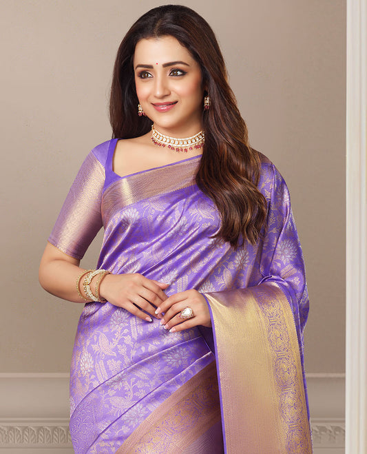 Lavender Floral Vine Silksaree, Zari Border Of  Mayil Design &pallu of intricate jaal design