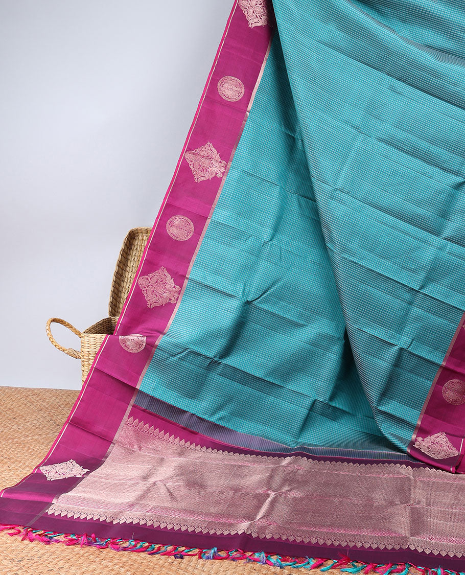 Blue checked design kancheepuram silk saree, contrast zari motif border & pallu of intricate zari designs