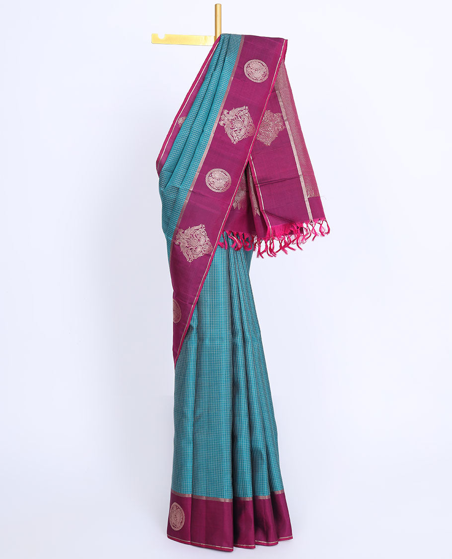Blue checked design kancheepuram silk saree, contrast zari motif border & pallu of intricate zari designs