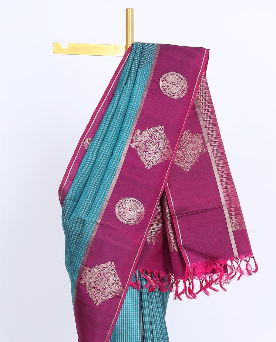 Blue checked design kancheepuram silk saree, contrast zari motif border & pallu of intricate zari designs