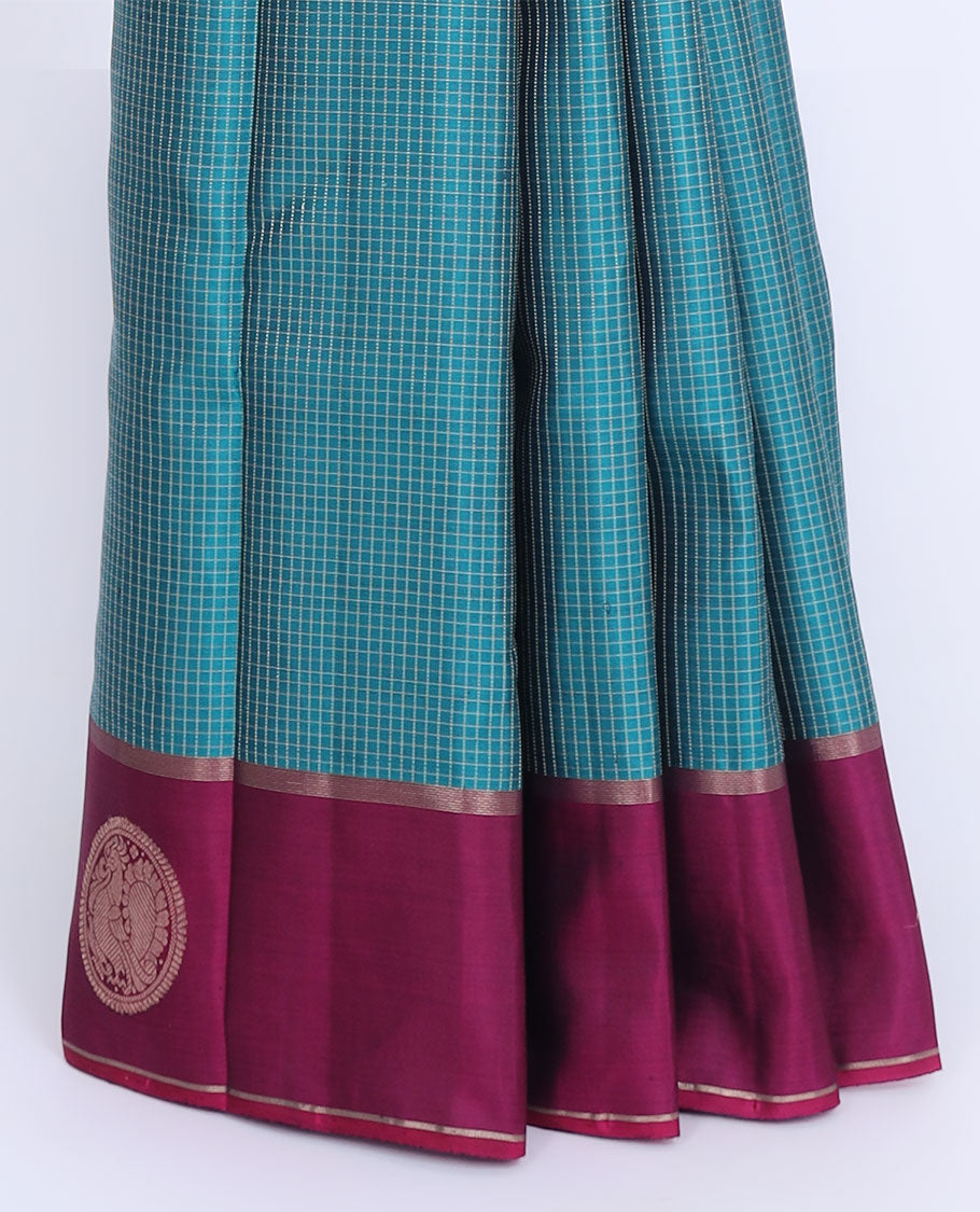 Blue checked design kancheepuram silk saree, contrast zari motif border & pallu of intricate zari designs