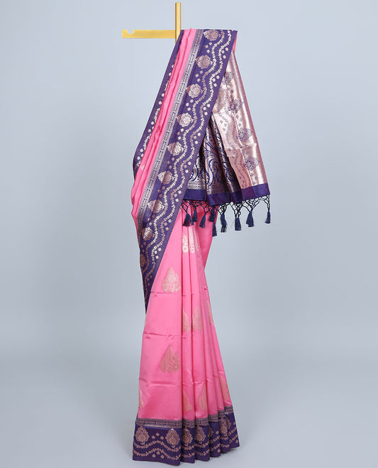 Pink butter silk saree with zari buttas, contrast zari border & pallu of intricate designs 