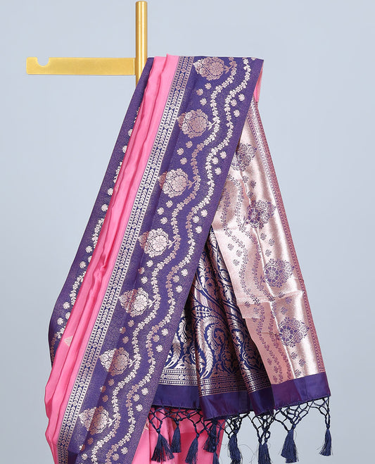 Pink butter silk saree with zari buttas, contrast zari border & pallu of intricate designs 