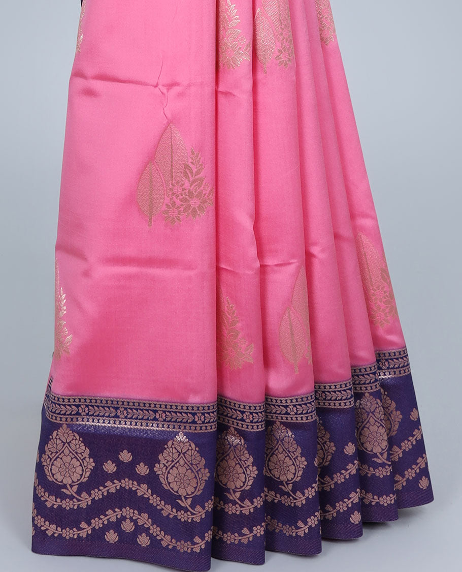 Pink butter silk saree with zari buttas, contrast zari border & pallu of intricate designs 