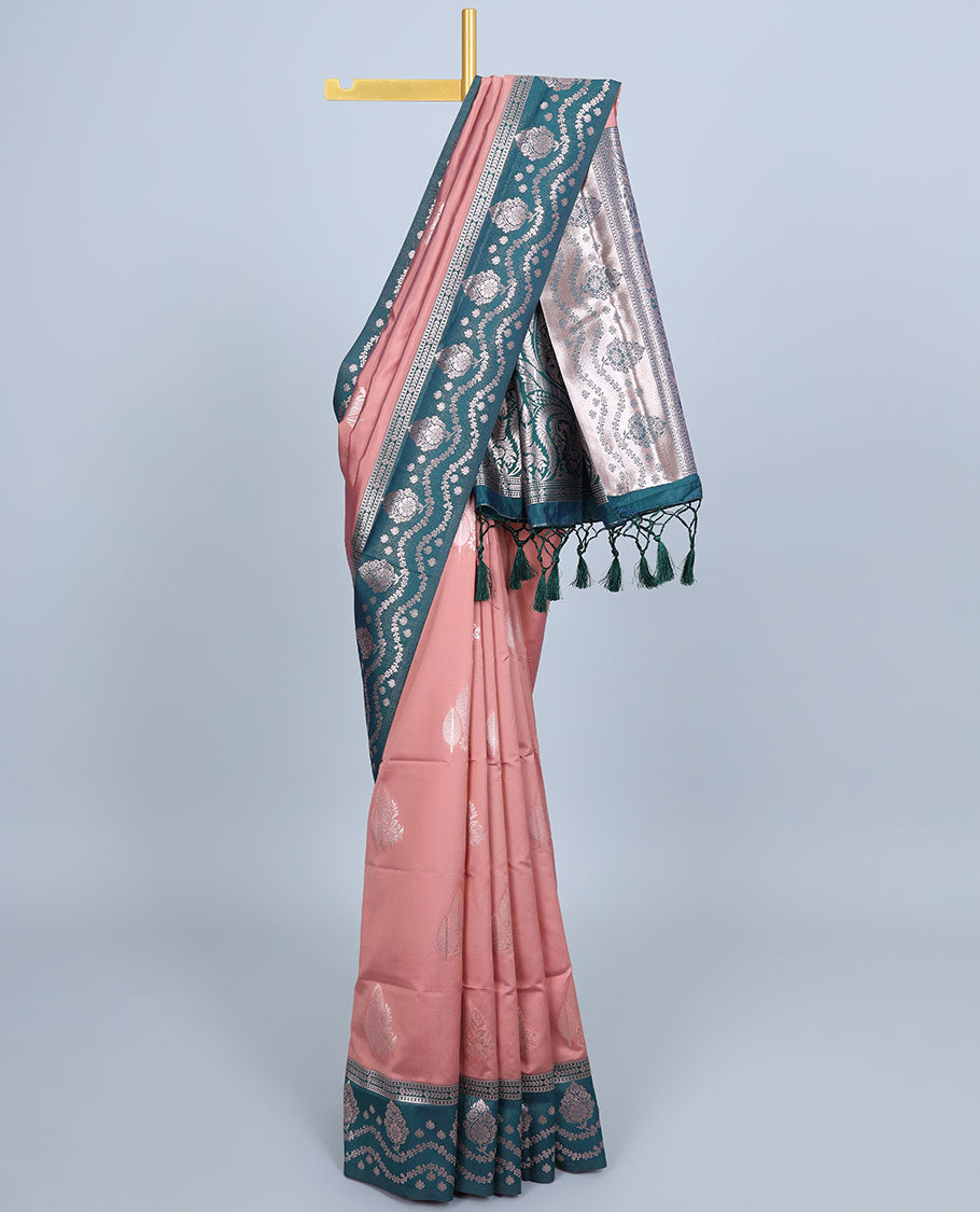 Pink butter silk saree with zari buttas, contrast zari border & pallu of intricate designs