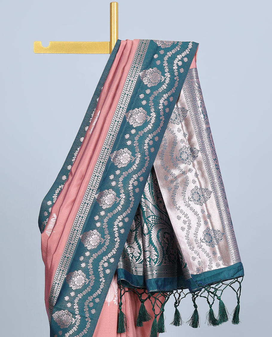 Pink butter silk saree with zari buttas, contrast zari border & pallu of intricate designs