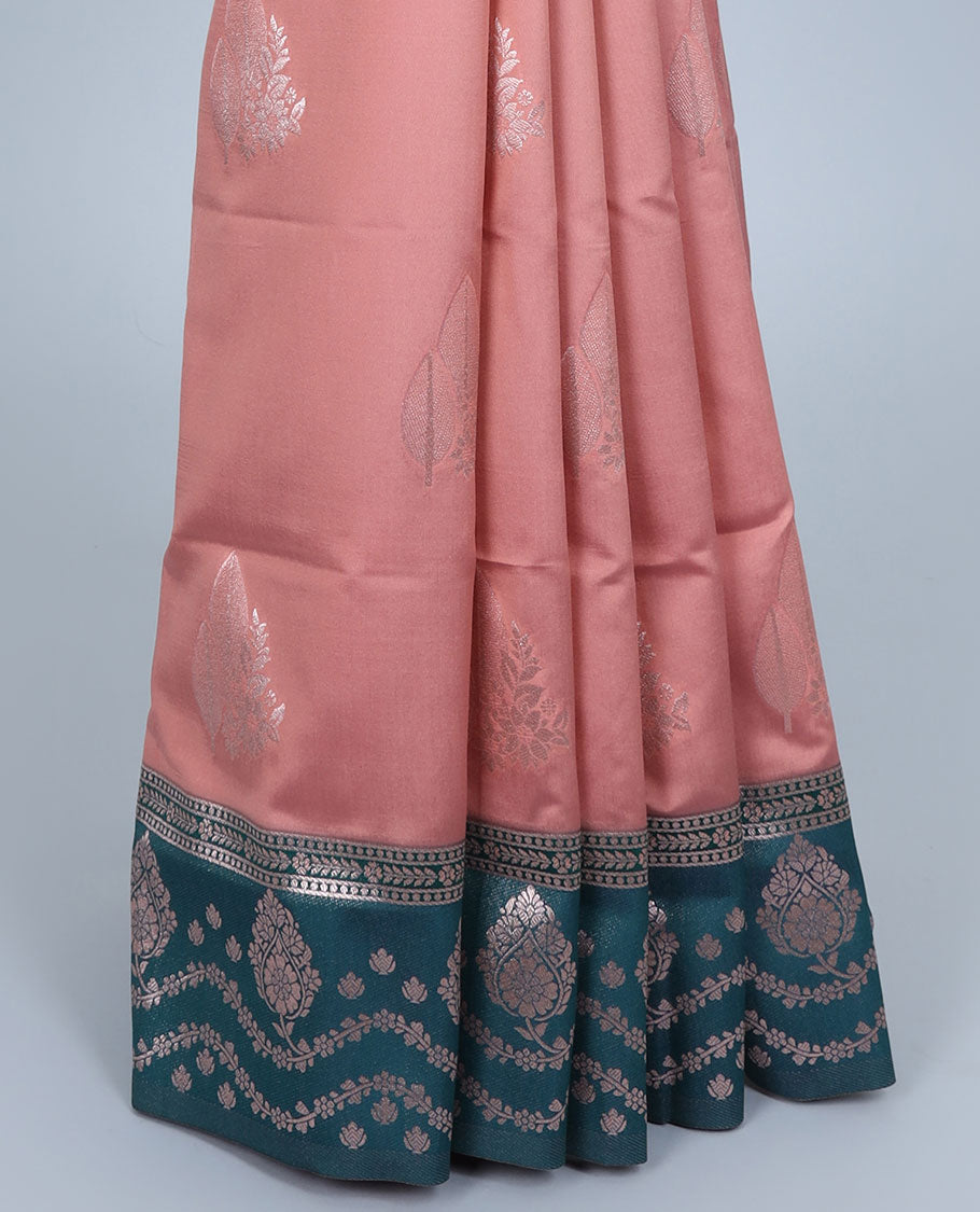 Pink butter silk saree with zari buttas, contrast zari border & pallu of intricate designs