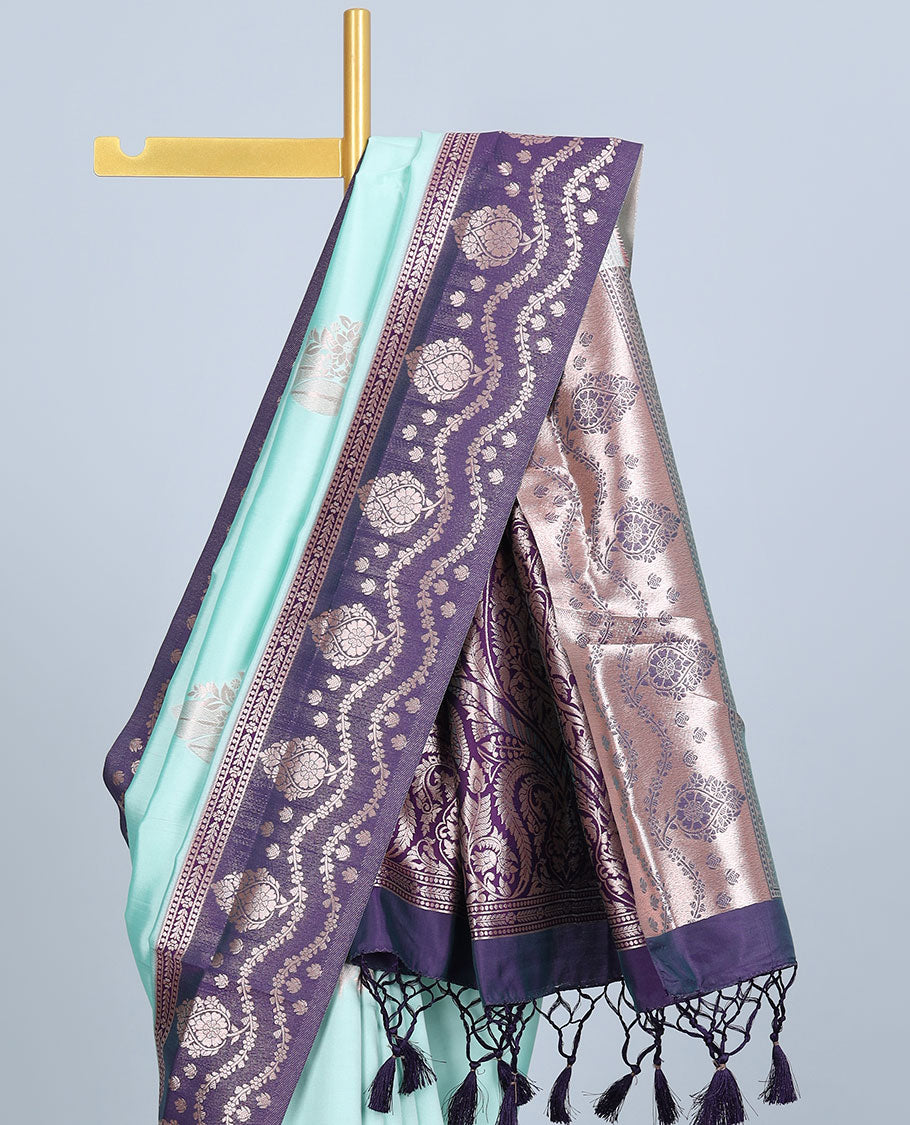Pink butter silk saree with zari buttas, contrast zari border & pallu of intricate designs
