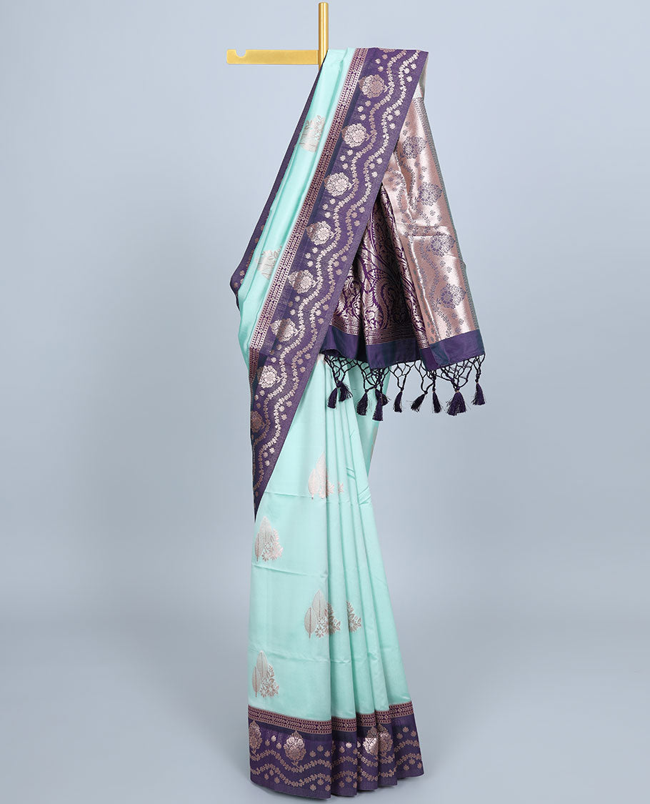 Pink butter silk saree with zari buttas, contrast zari border & pallu of intricate designs
