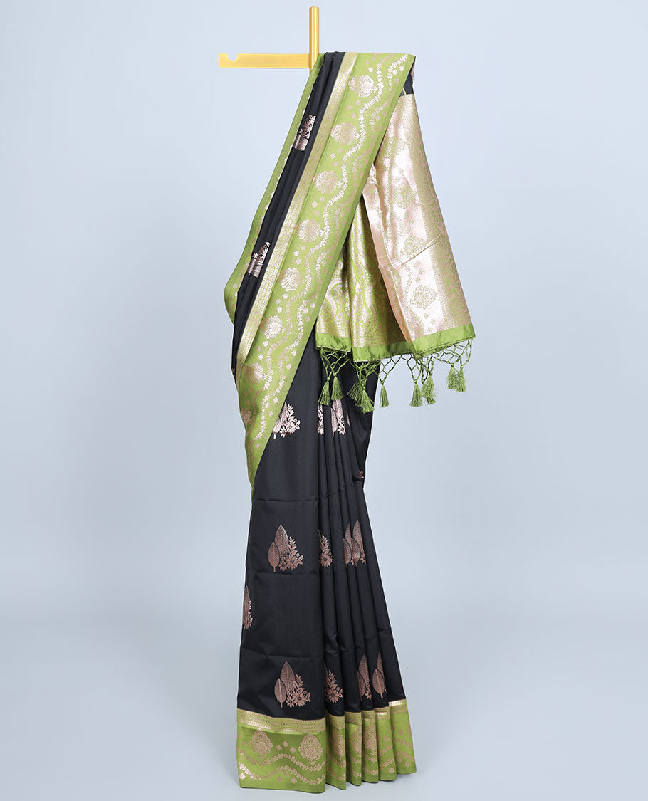 Pink butter silk saree with zari buttas, contrast zari border & pallu of intricate designs