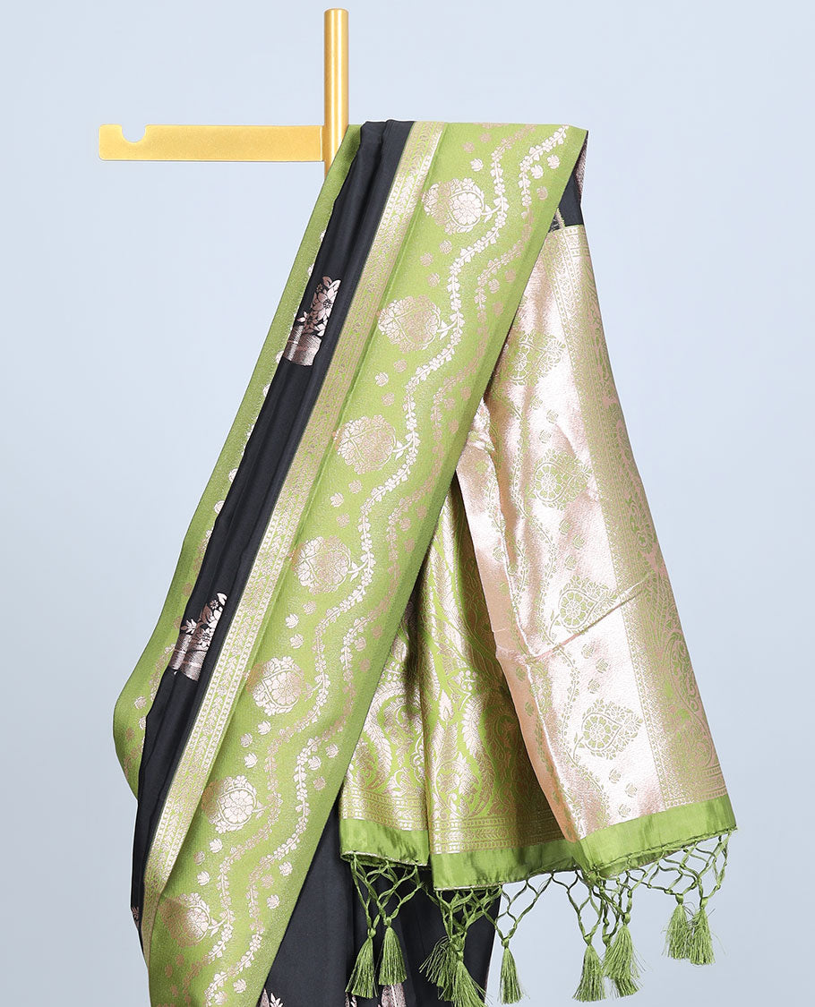 Pink butter silk saree with zari buttas, contrast zari border & pallu of intricate designs
