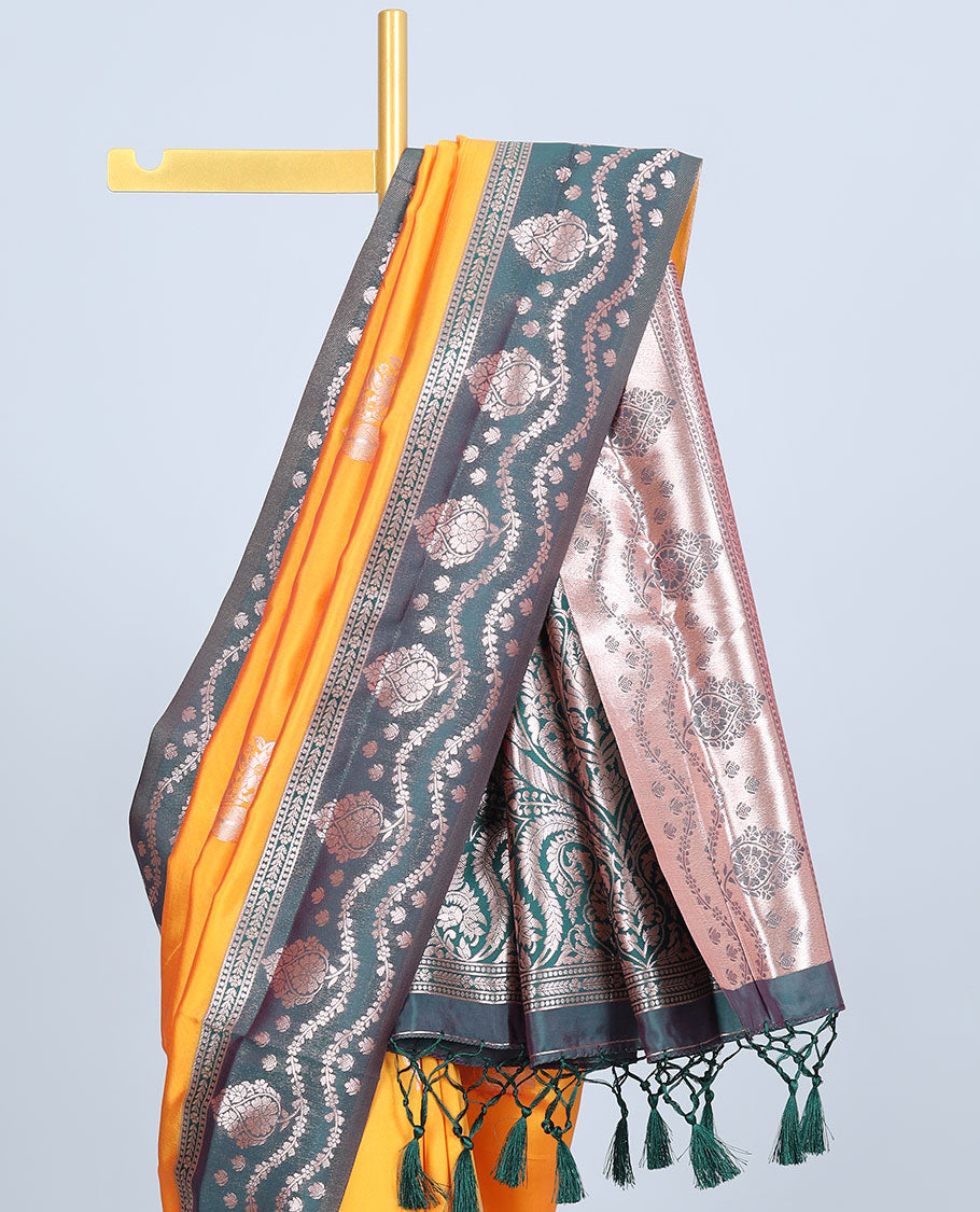 Pink butter silk saree with zari buttas, contrast zari border & pallu of intricate designs