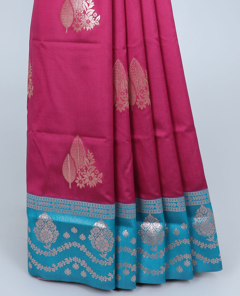 Pink butter silk saree with zari buttas, contrast zari border & pallu of intricate designs
