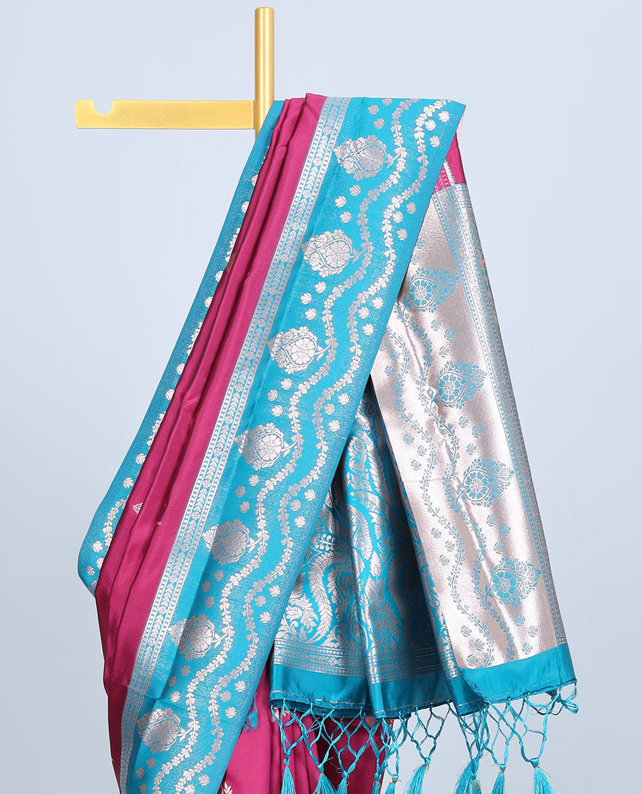 Pink butter silk saree with zari buttas, contrast zari border & pallu of intricate designs