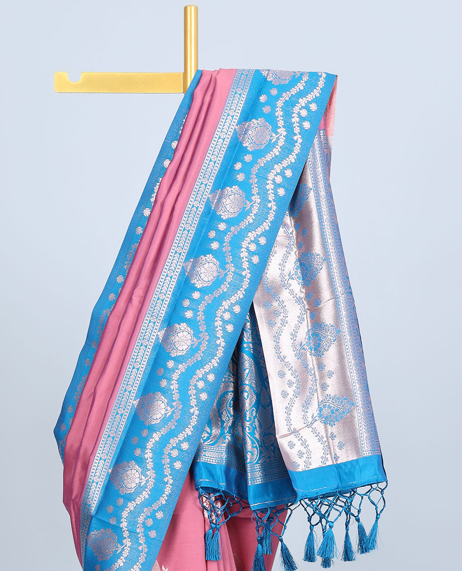 Pink butter silk saree with zari buttas, contrast zari border & pallu of intricate designs