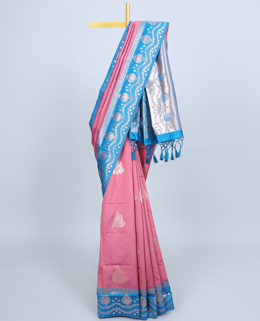 Pink butter silk saree with zari buttas, contrast zari border & pallu of intricate designs