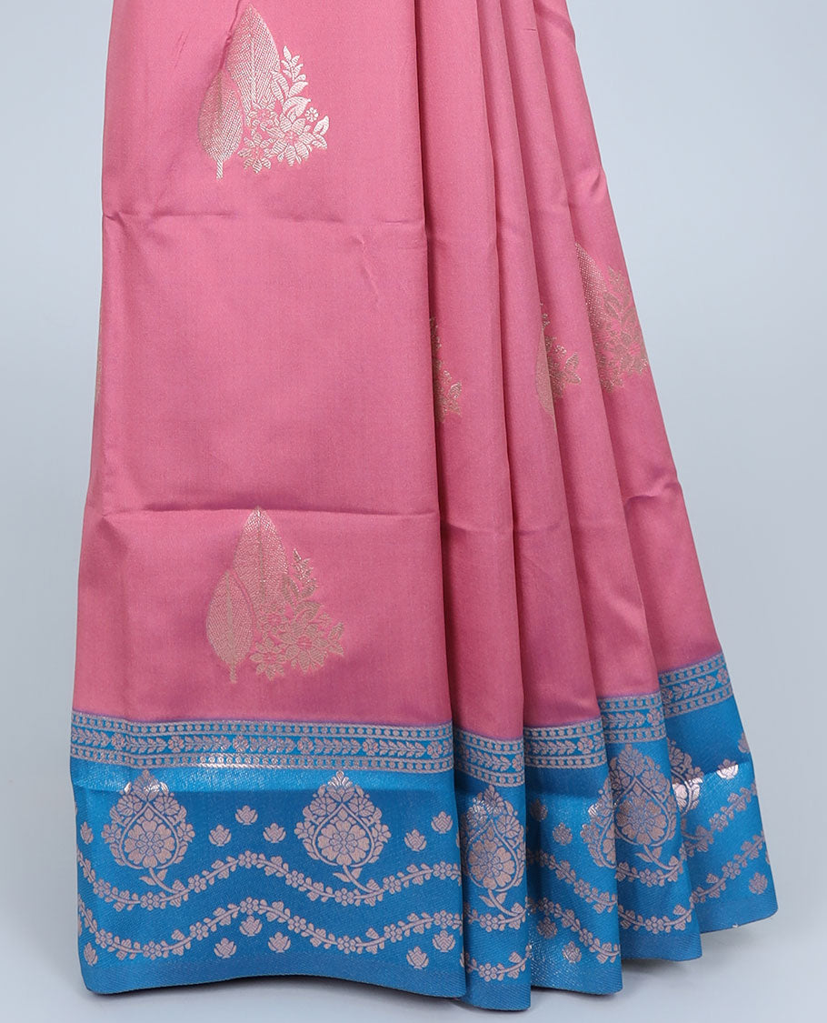 Pink butter silk saree with zari buttas, contrast zari border & pallu of intricate designs