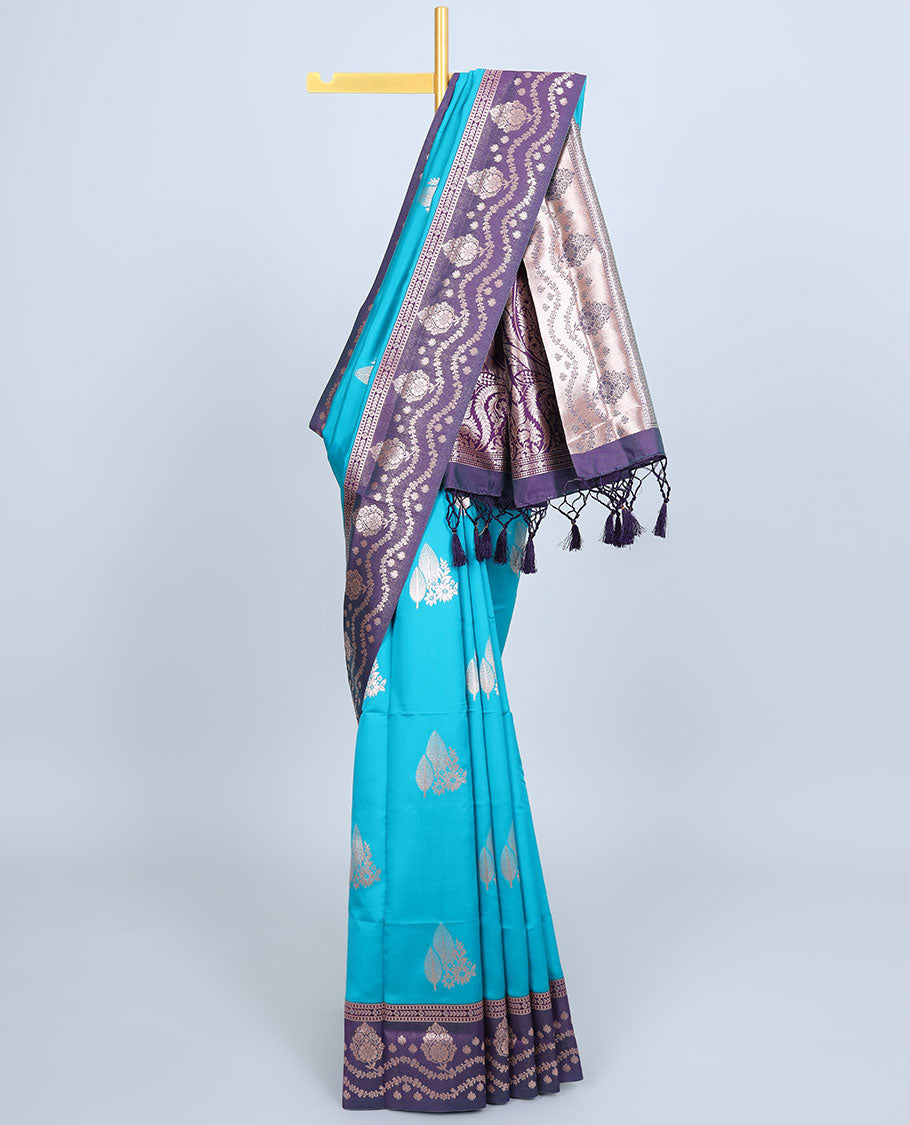 Pink butter silk saree with zari buttas, contrast zari border & pallu of intricate designs