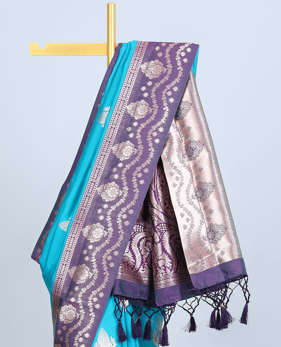 Pink butter silk saree with zari buttas, contrast zari border & pallu of intricate designs