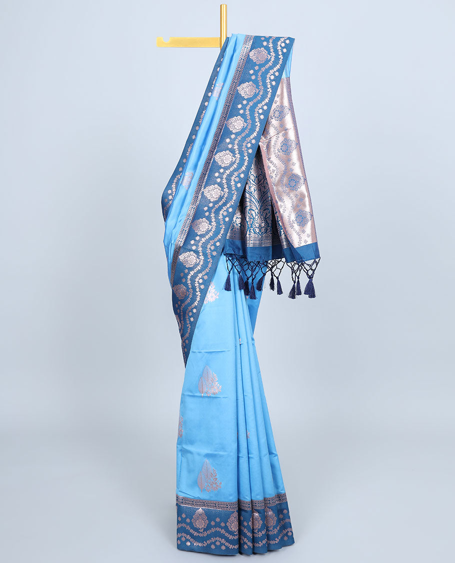 Pink butter silk saree with zari buttas, contrast zari border & pallu of intricate designs