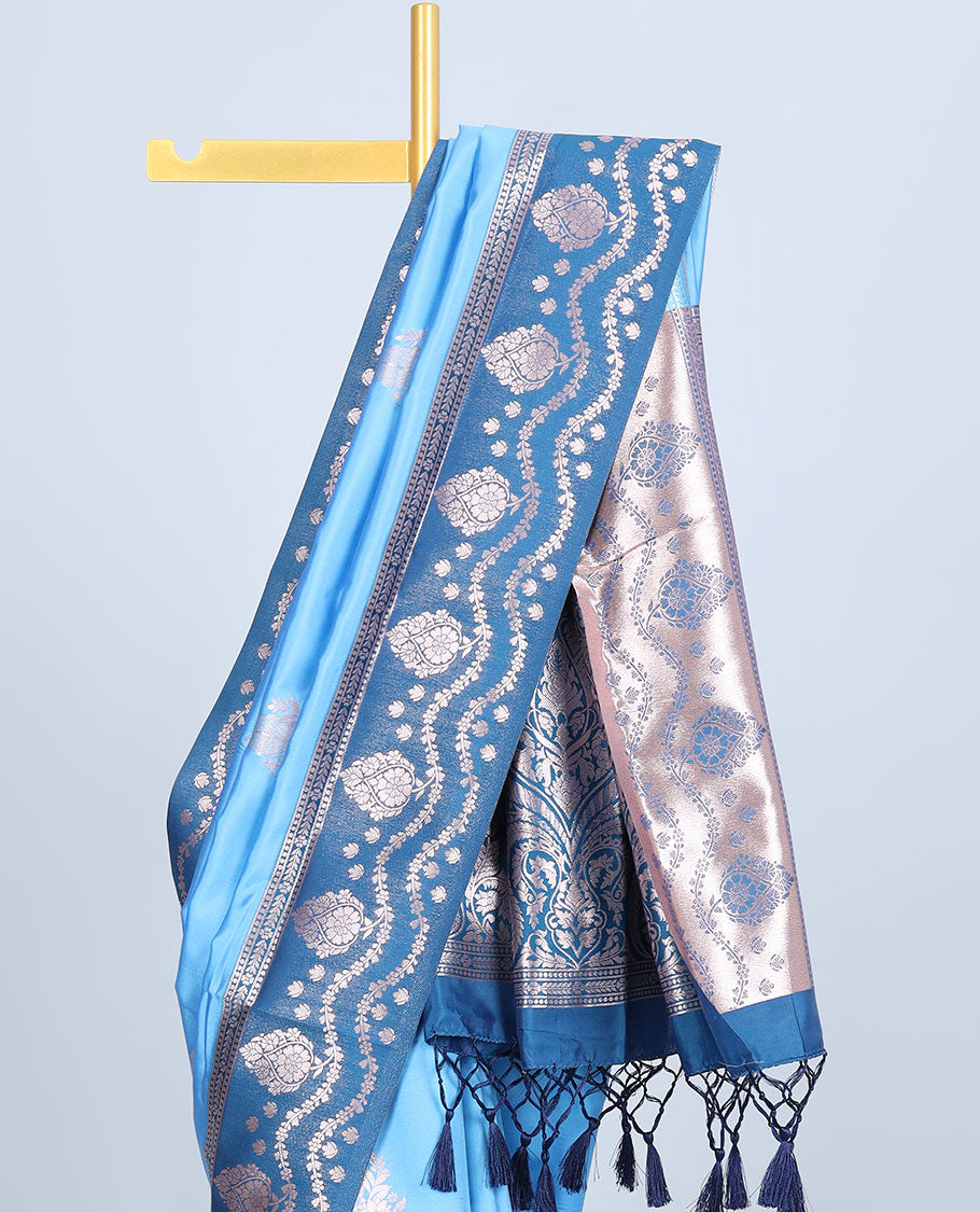 Pink butter silk saree with zari buttas, contrast zari border & pallu of intricate designs