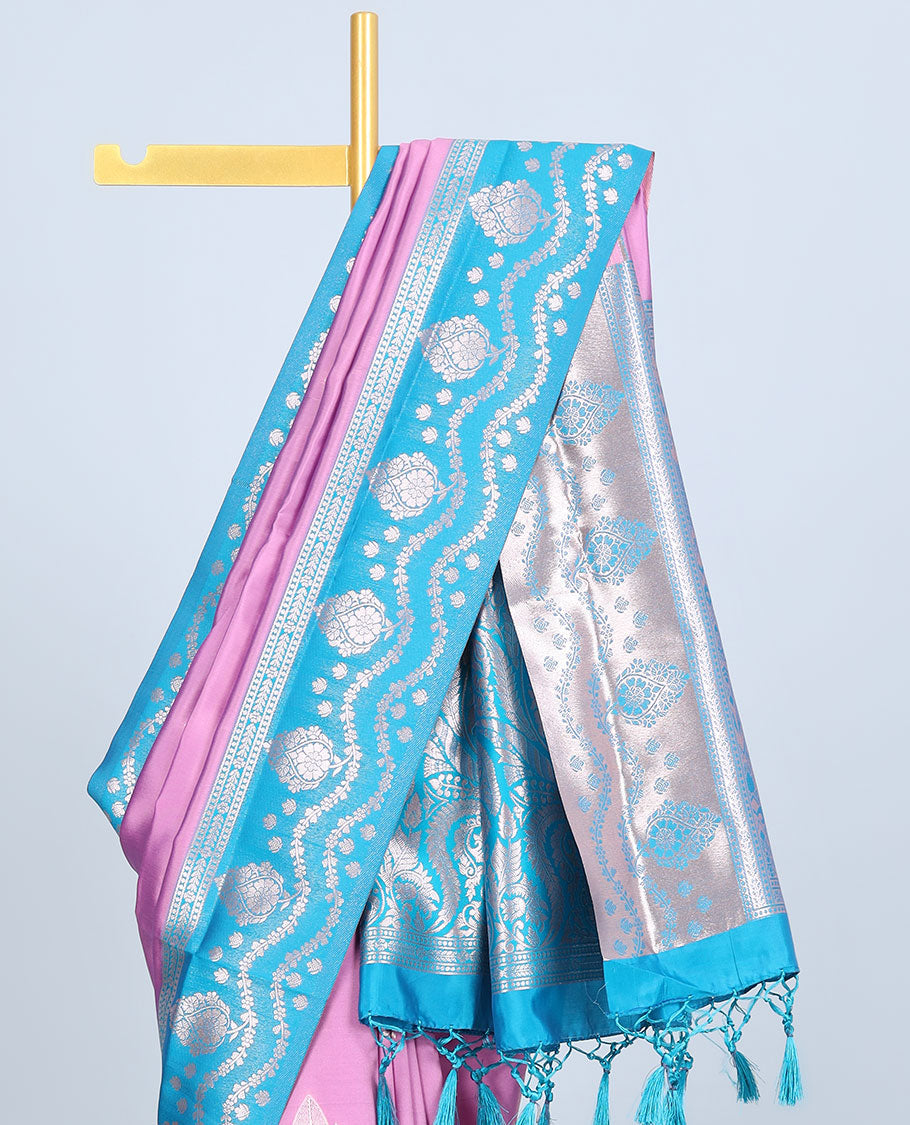 Pink butter silk saree with zari buttas, contrast zari border & pallu of intricate designs