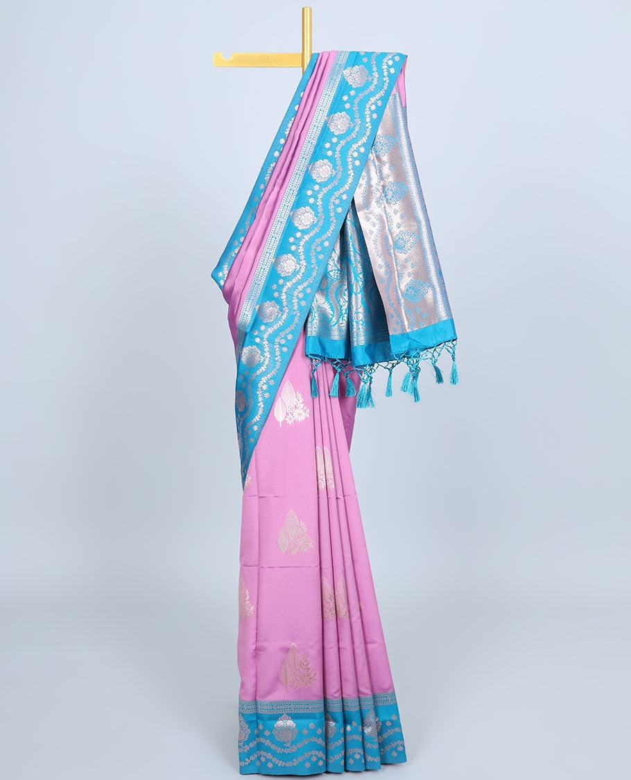 Pink butter silk saree with zari buttas, contrast zari border & pallu of intricate designs