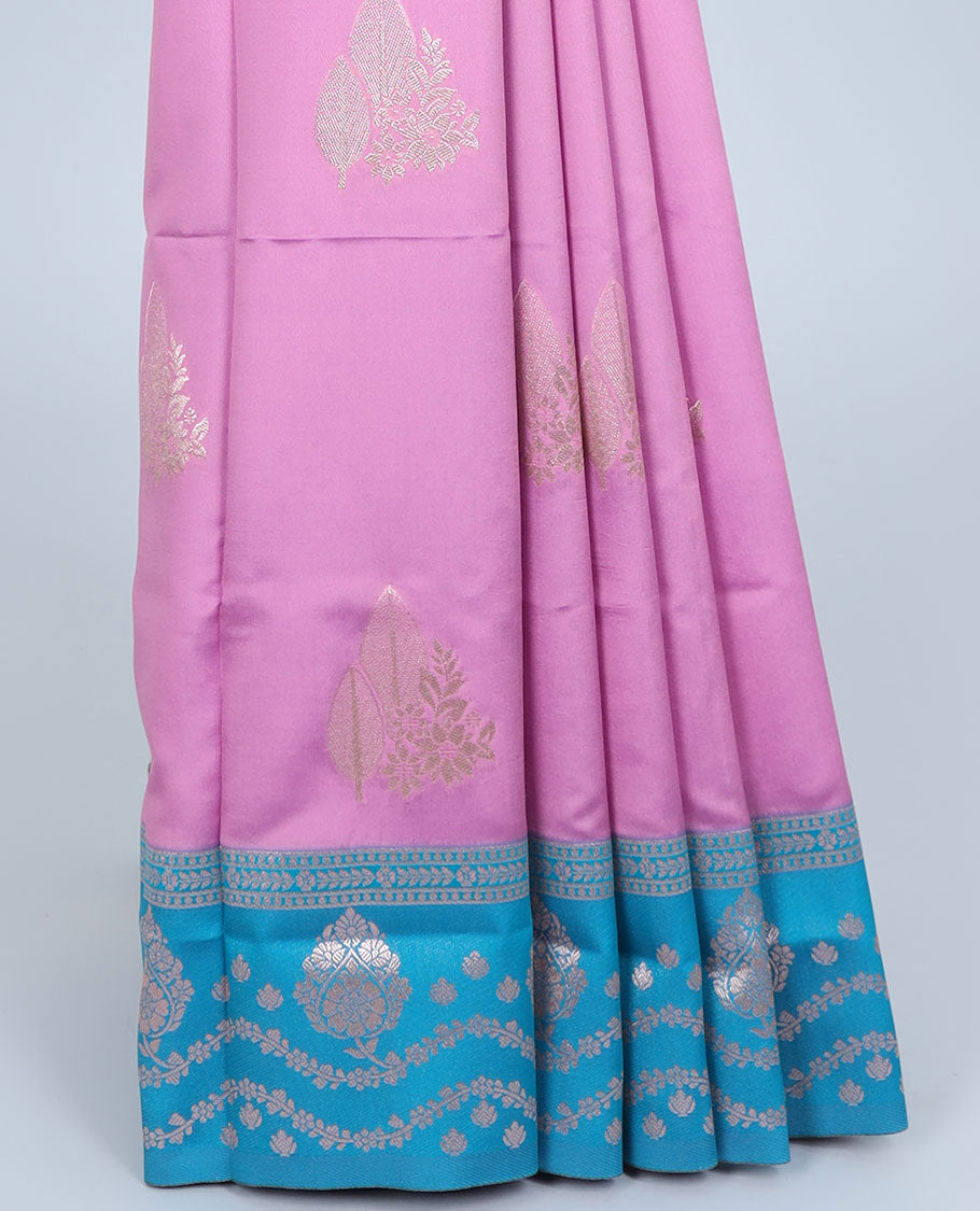 Pink butter silk saree with zari buttas, contrast zari border & pallu of intricate designs