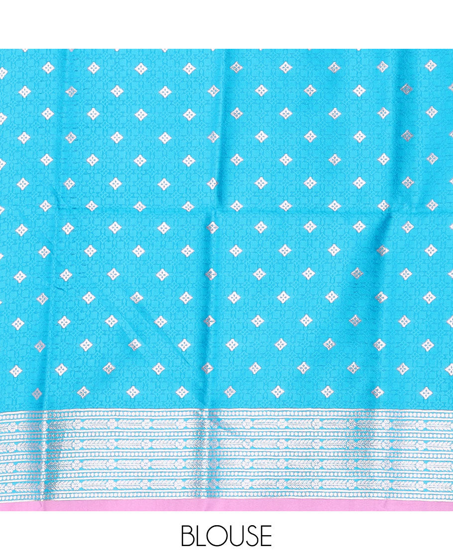 Pink butter silk saree with zari buttas, contrast zari border & pallu of intricate designs