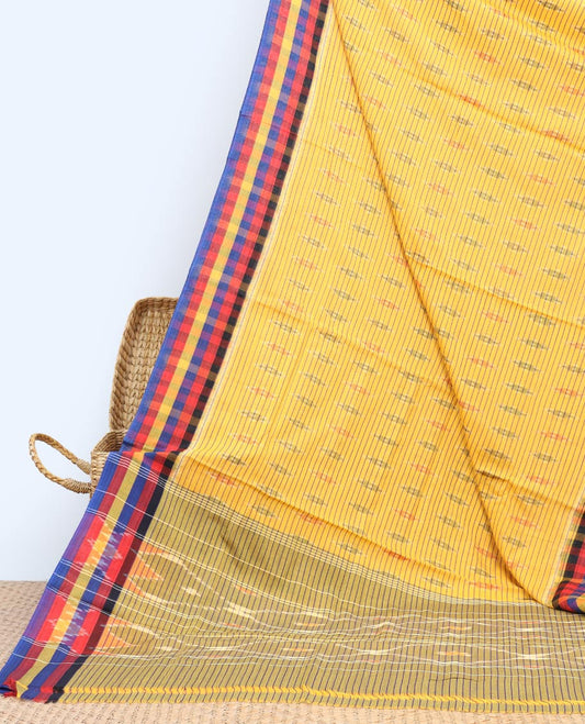 Yellow striped ikkat saree with buttas, contrast checked border & pallu of intricate ikkat designs