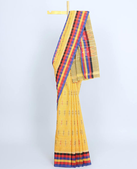 Yellow striped ikkat saree with buttas, contrast checked border & pallu of intricate ikkat designs
