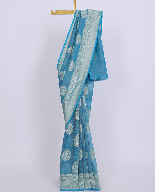 Blue crushed saree with unique buttas, self-border of traditional designs & pallu of intricate jaal designs