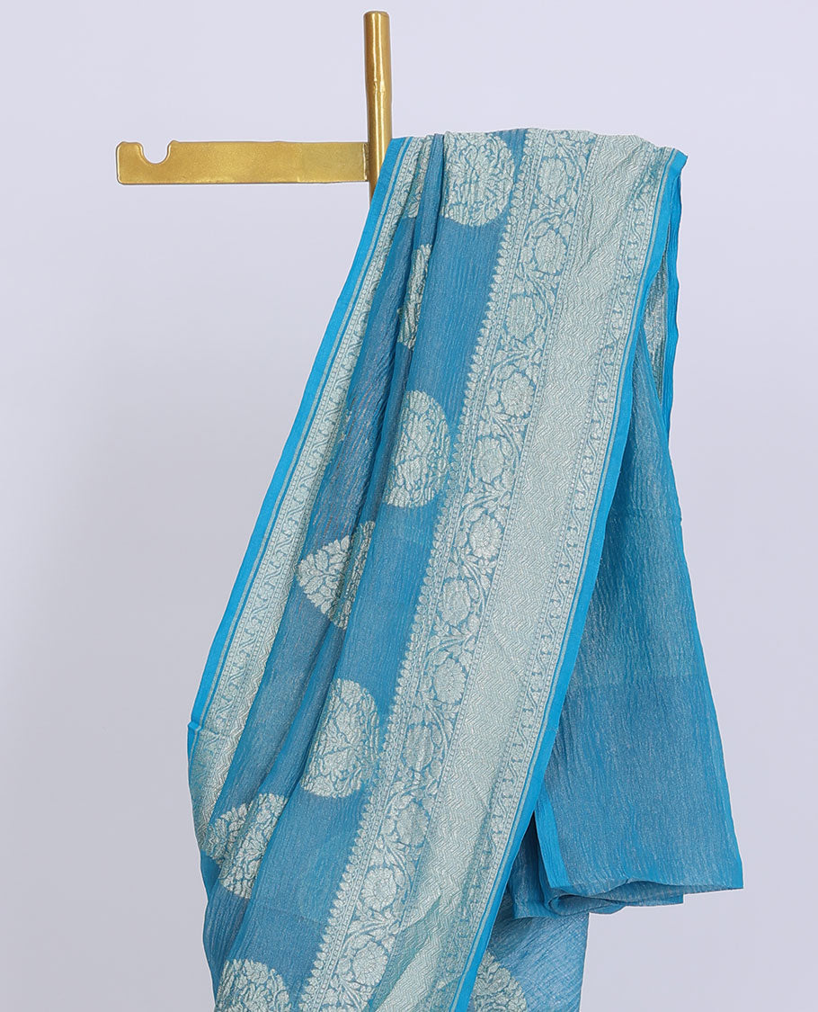 Blue crushed saree with unique buttas, self-border of traditional designs & pallu of intricate jaal designs
