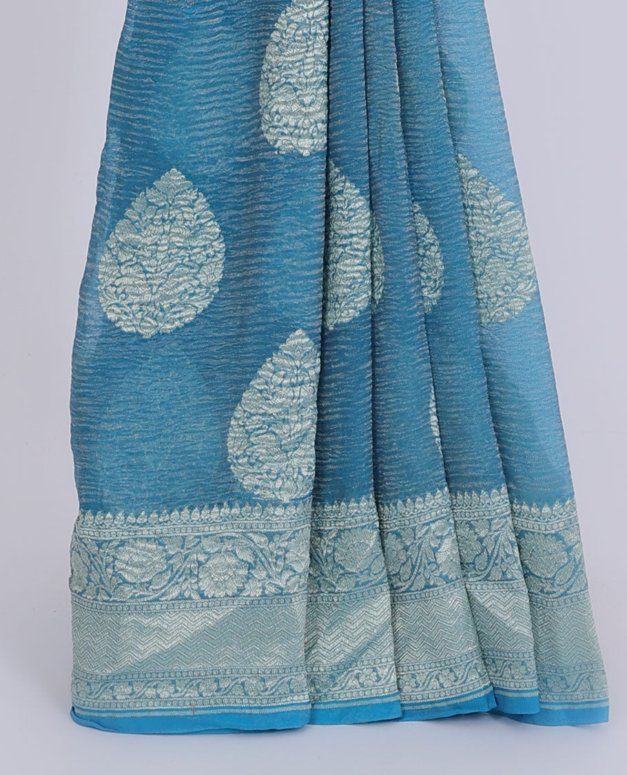 Blue crushed saree with unique buttas, self-border of traditional designs & pallu of intricate jaal designs