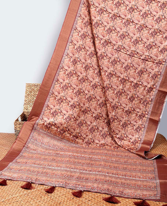 Orange geometric printed casual wear saree, zari border & intricately designed pallu