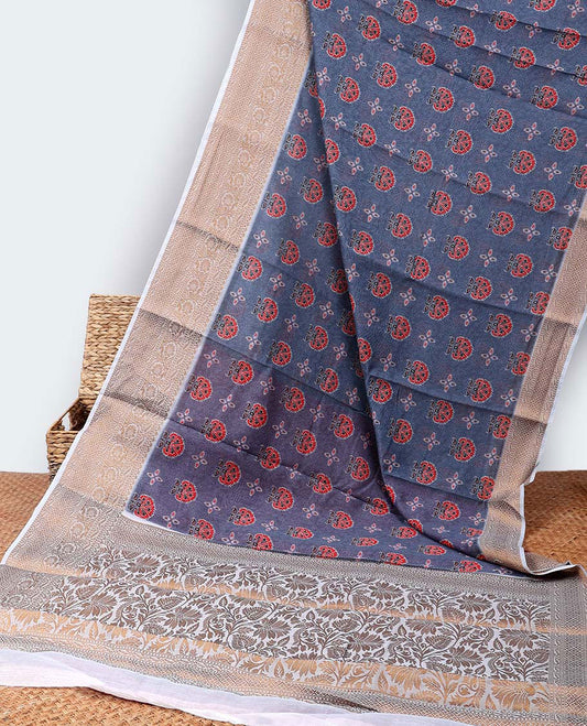 Blue casual wear saree with unique buttas, contrast traditional design border & floral jaal design pallu