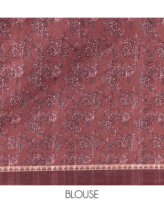 Orange floral printed casual wear saree, contrast border & pallu of ajrakh-style design print