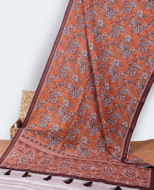 Orange floral printed casual wear saree, contrast border & pallu of ajrakh-style design print