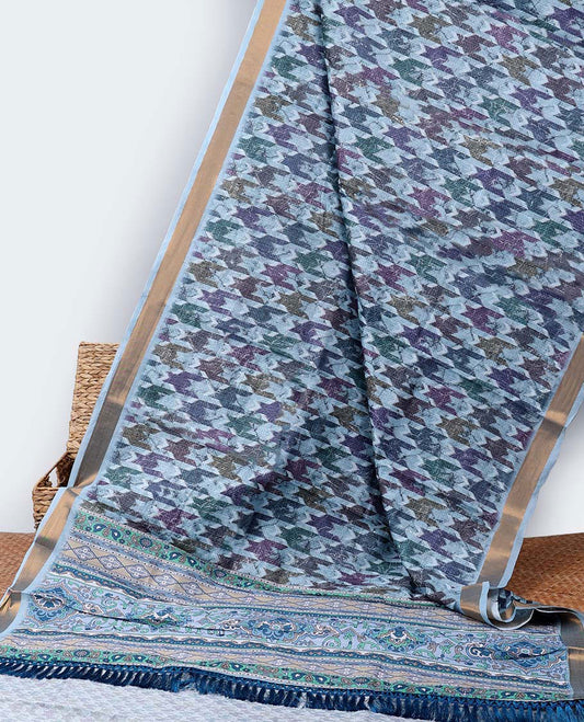 Multi-color abstract-style printed casual wear saree, zari border & pallu of ajrakh-style design print