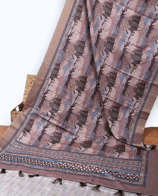 Multi-color nature-themed flora printed casual wear saree, self-border & pallu of intricate designs