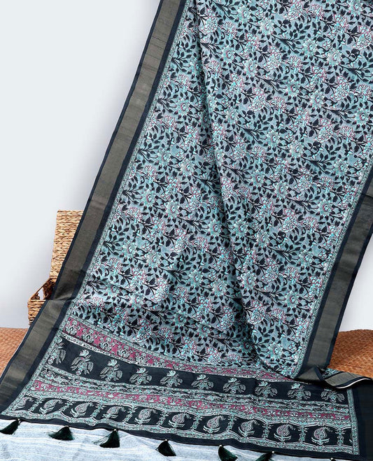 Blue floral printed casual wear saree, contrast border & pallu of intricate design print