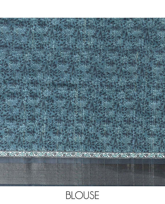 Blue floral printed casual wear saree, contrast border & pallu of intricate design print