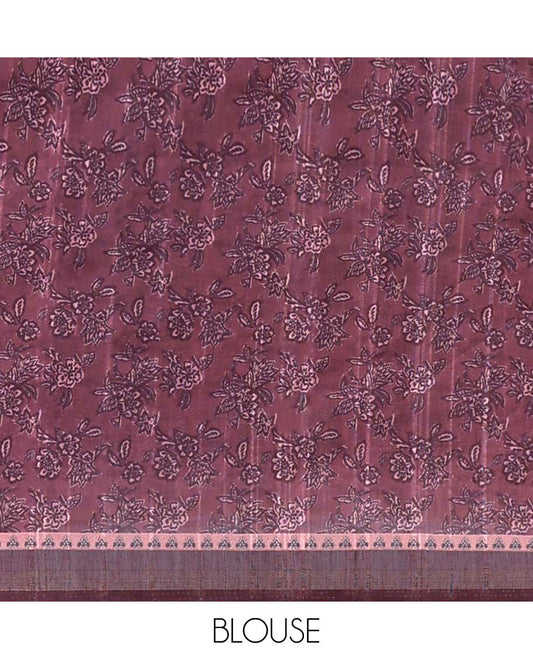 Brown floral printed casual wear saree, contrast border & pallu of ajrakh-style design print