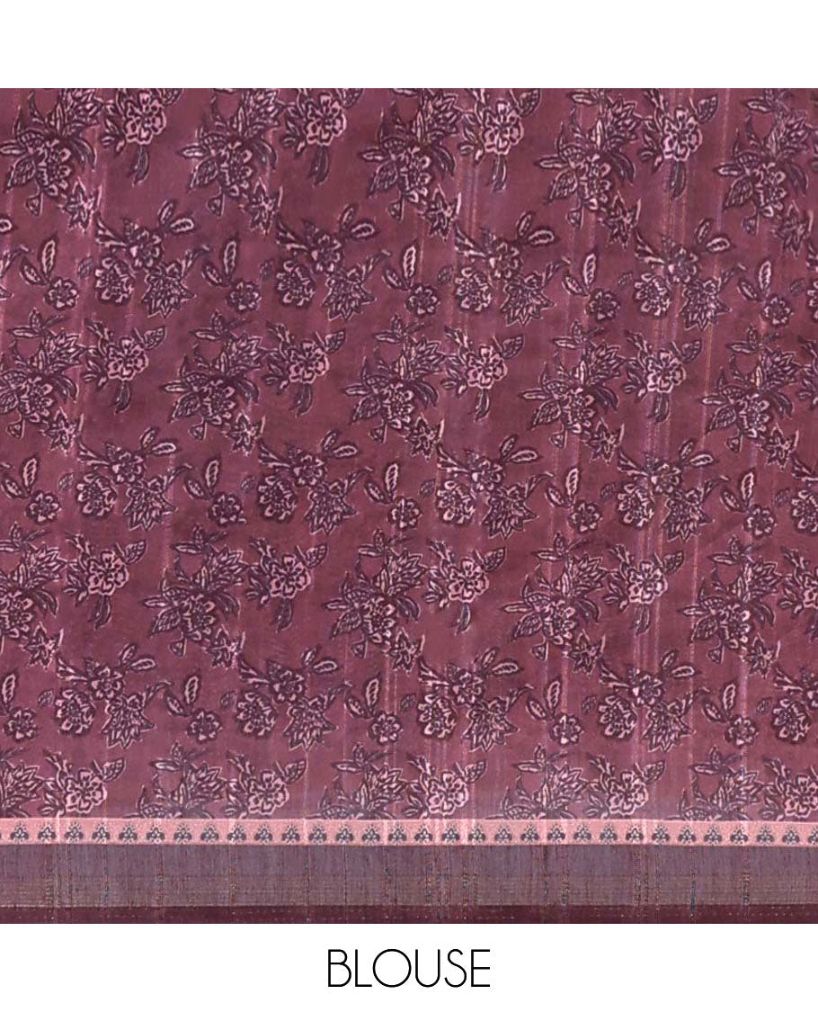 Brown floral printed casual wear saree, contrast border & pallu of ajrakh-style design print