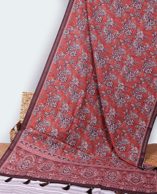 Brown floral printed casual wear saree, contrast border & pallu of ajrakh-style design print