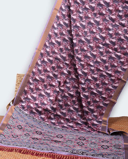 Multi-color abstract-style printed casual wear saree, plain border & pallu of ajrakh-style design print